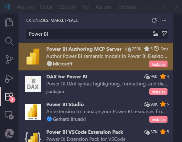 Busca da extens&atilde;o Power BI Authoring MCP Server da Microsoft no VS Code, com bot&atilde;o Instalar.