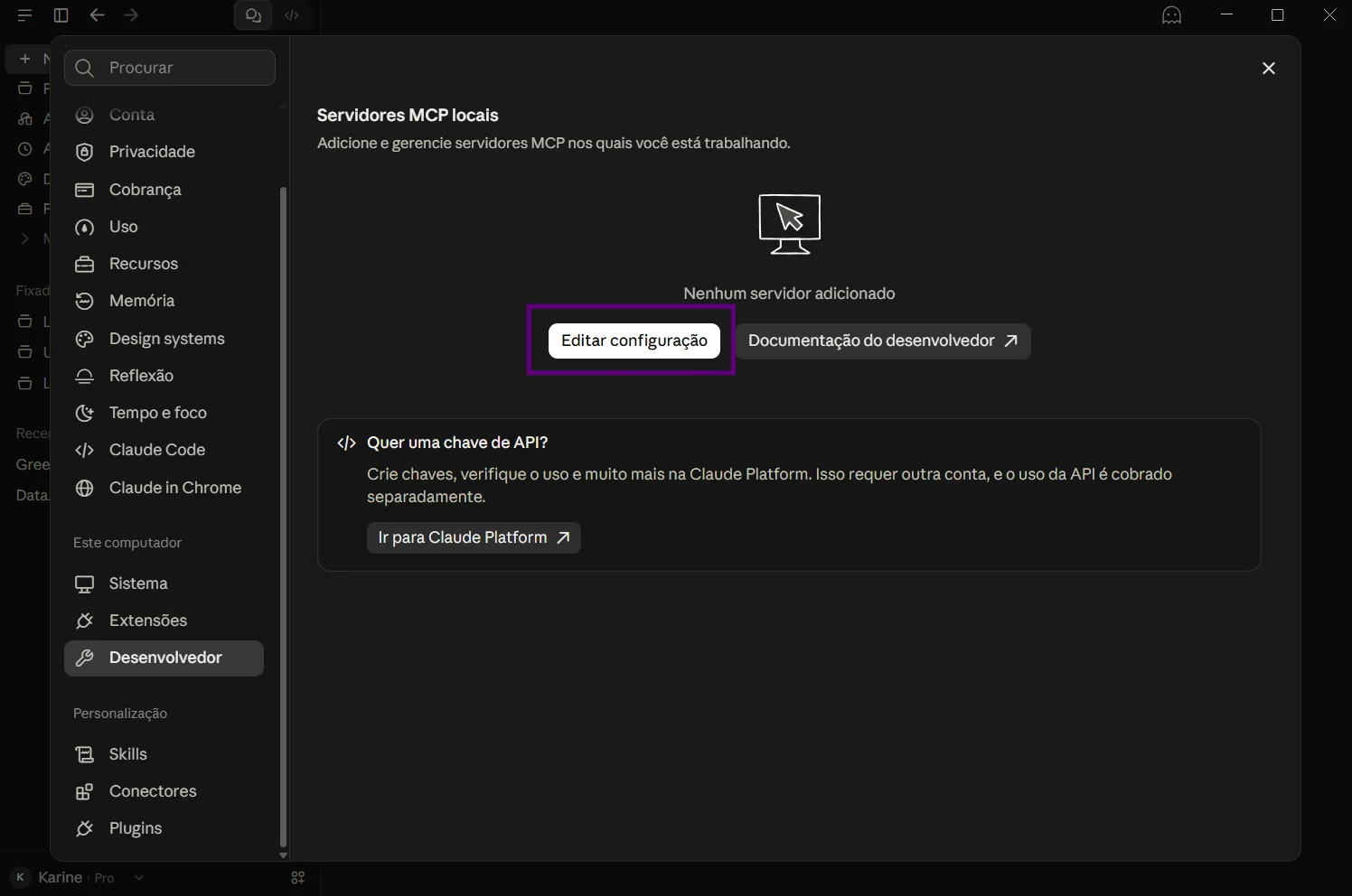 Configura&ccedil;&otilde;es do Claude Desktop em Desenvolvedor, com Editar configura&ccedil;&atilde;o destacado em roxo.