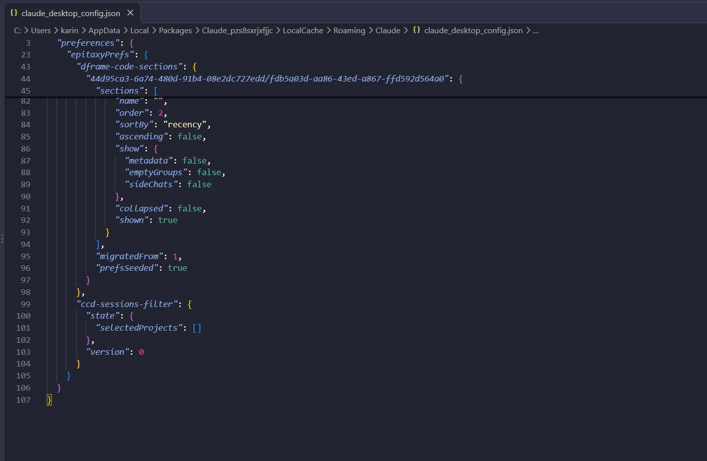 Antes: arquivo claude_desktop_config.json com as prefer&ecirc;ncias existentes, sem o servidor powerbi.