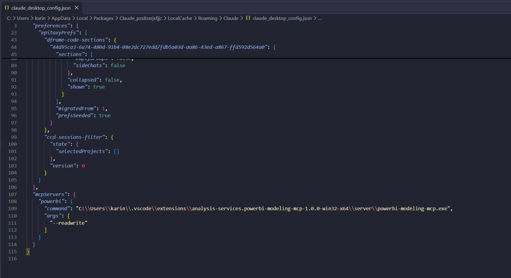 Depois: arquivo claude_desktop_config.json com o servidor powerbi em mcpServers e argumento --readwrite.