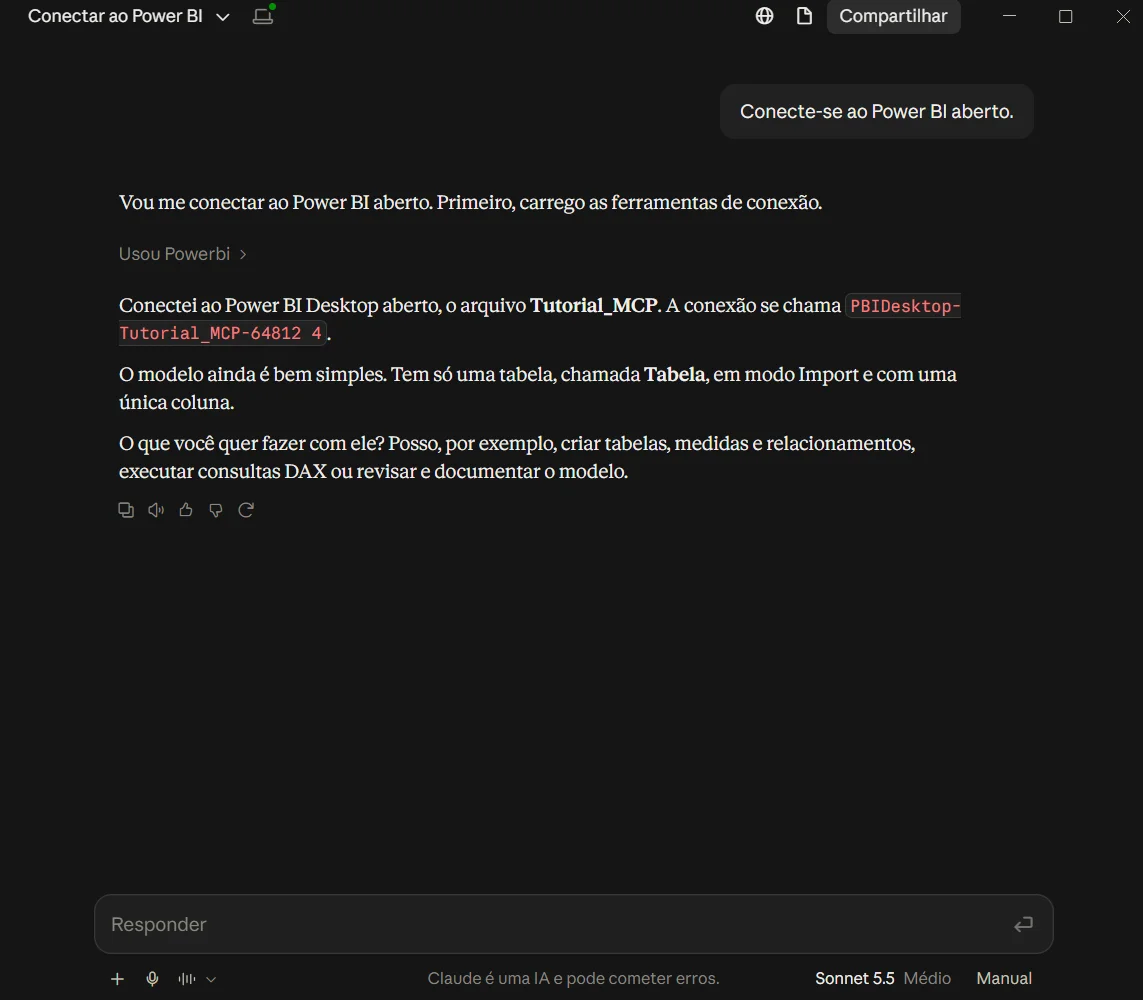 Claude confirmando a conex&atilde;o via MCP com o arquivo Tutorial_MCP aberto no Power BI Desktop.