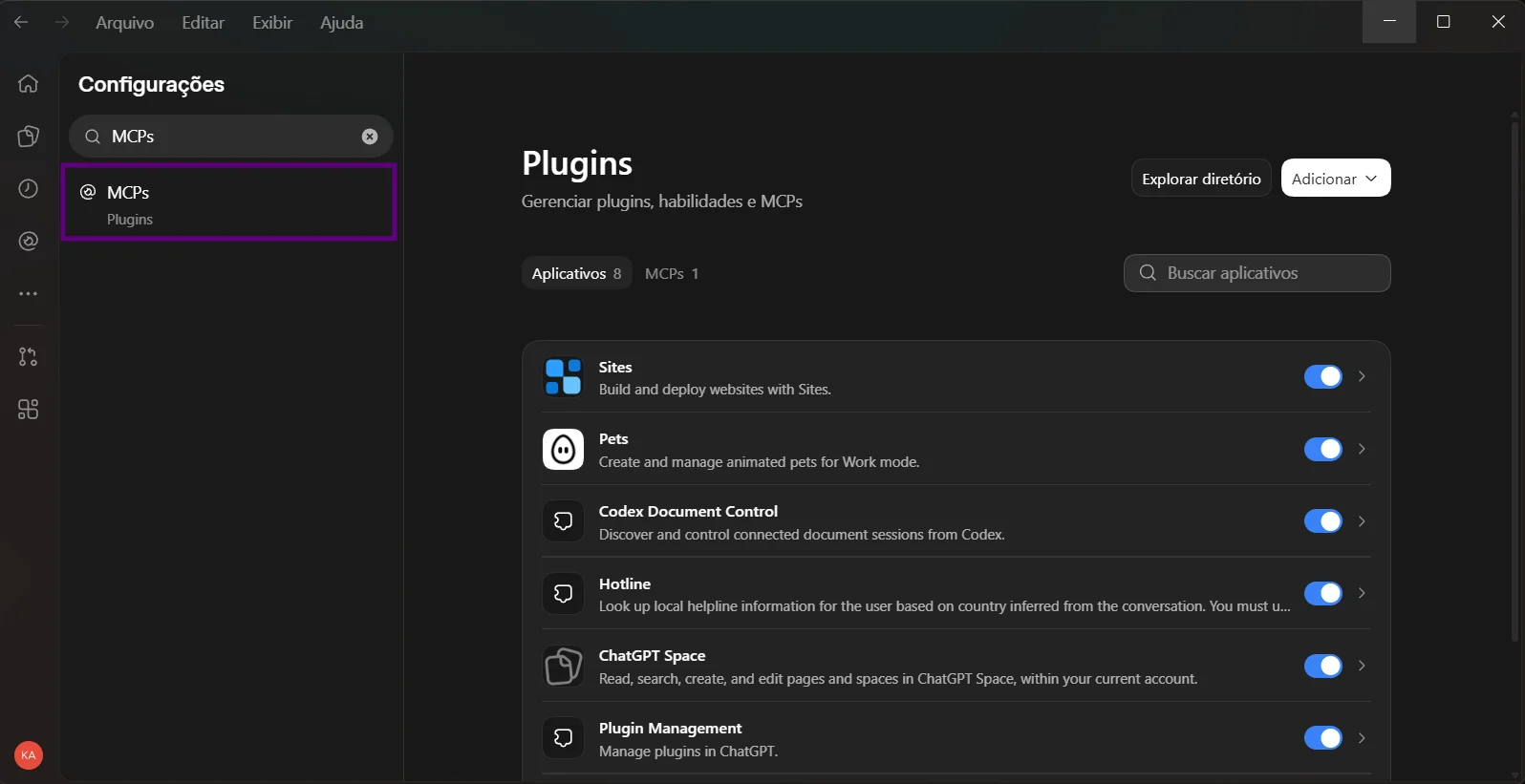Configura&ccedil;&otilde;es do aplicativo Codex com MCPs destacado em roxo.