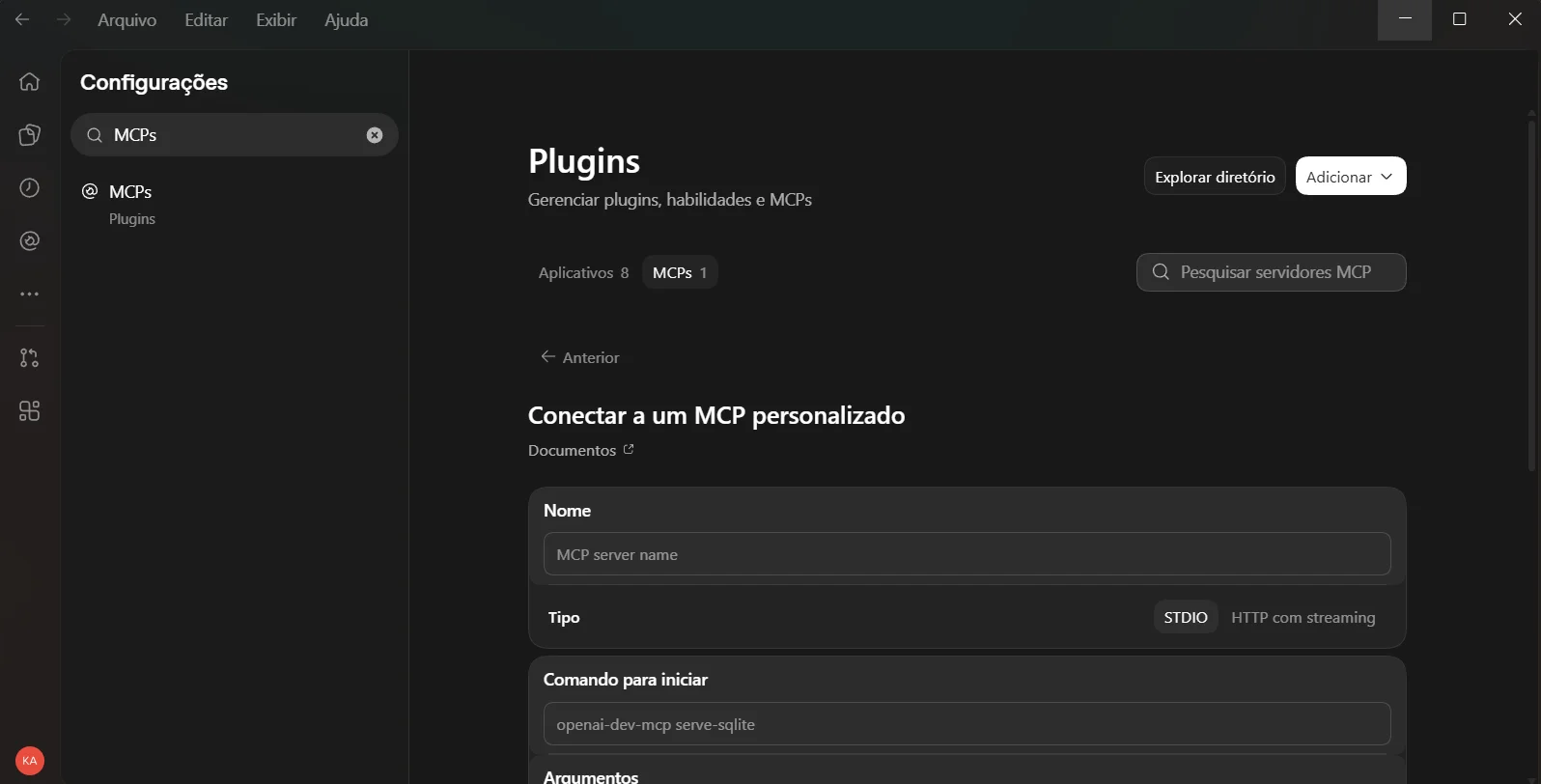 Formul&aacute;rio de MCP personalizado no aplicativo Codex com Nome, STDIO e Comando para iniciar.