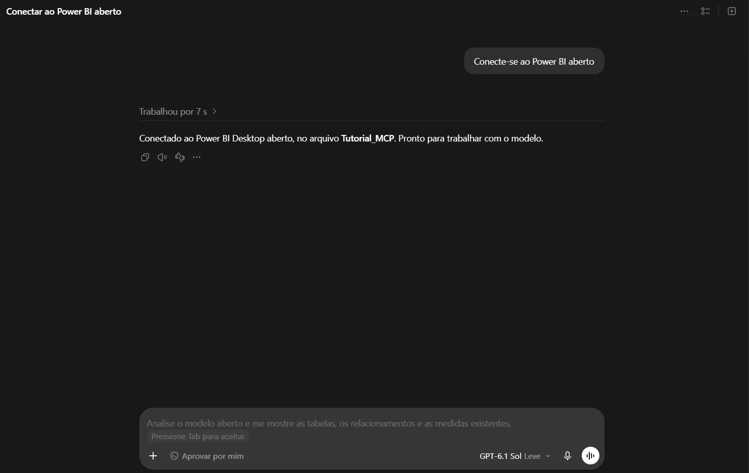 Codex confirmando a conex&atilde;o com o arquivo Tutorial_MCP aberto no Power BI Desktop.