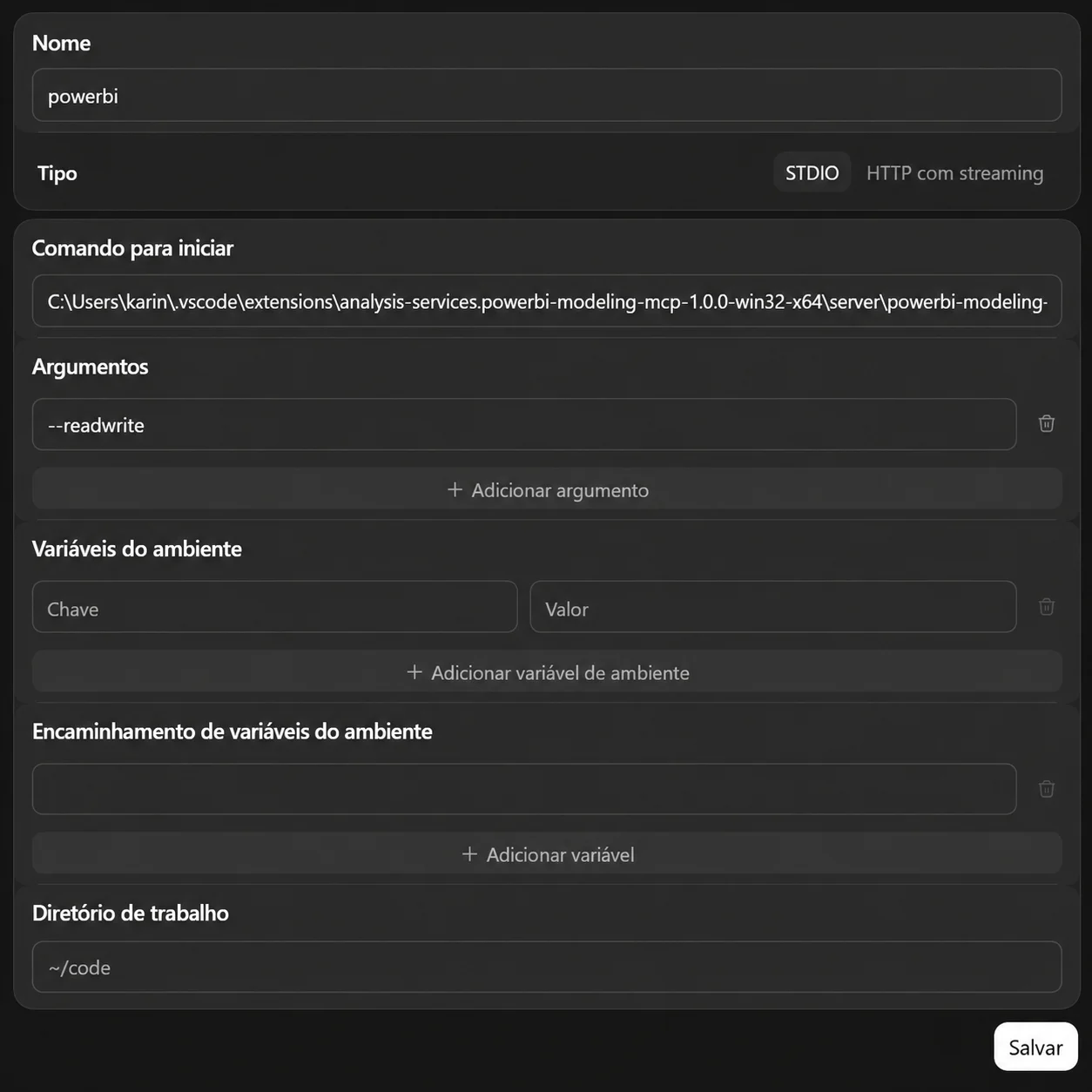 Cadastro do MCP powerbi no Codex com argumento --readwrite, com laterais recortadas.