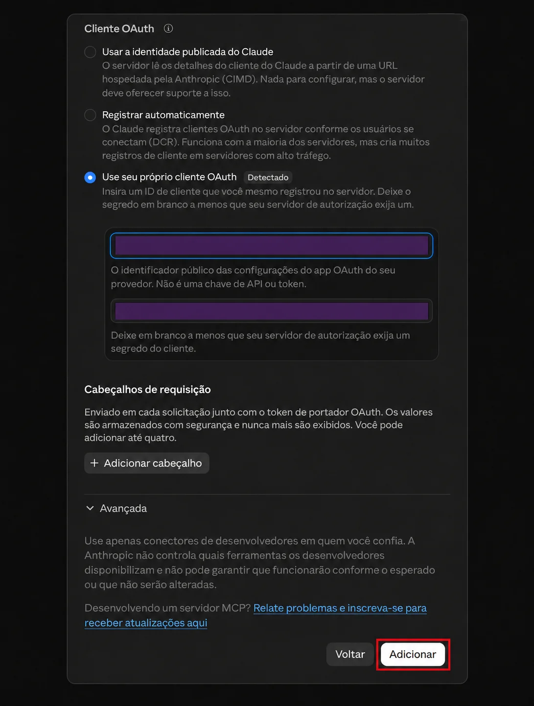 Configura&ccedil;&atilde;o do cliente OAuth no Claude, com ID e segredo ocultados por tarjas roxas.