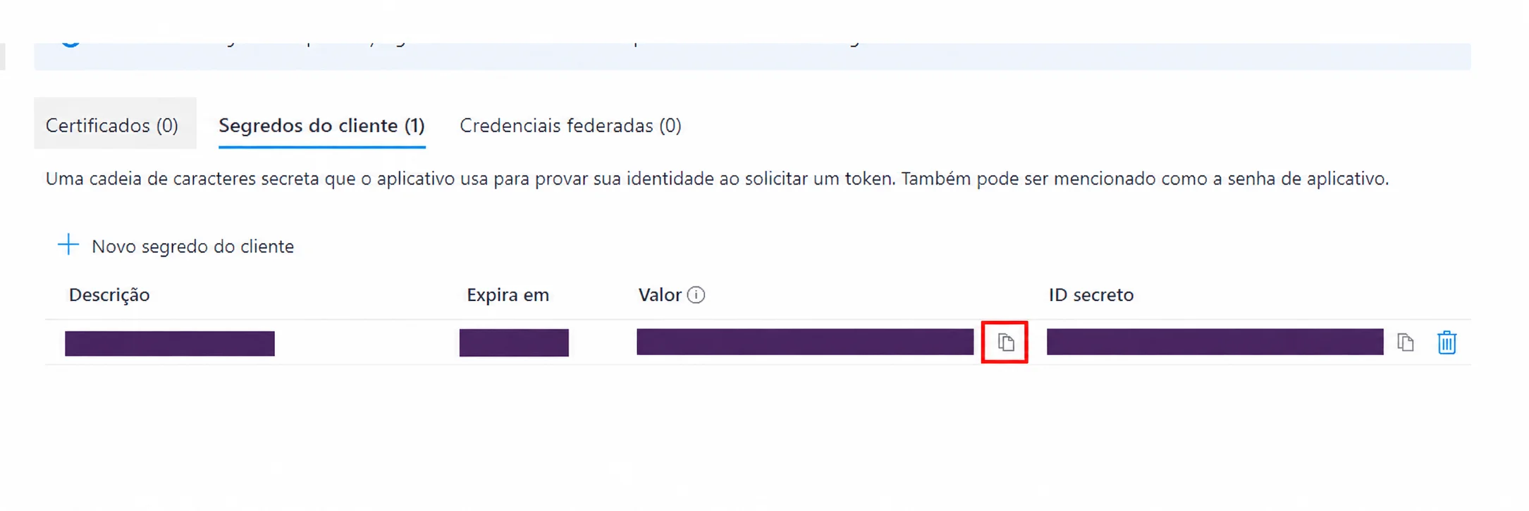 Segredos do cliente no Entra, destacando o bot&atilde;o copiar da coluna Valor, com dados ocultados.