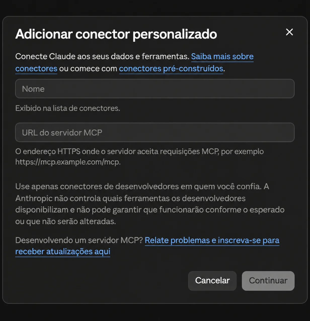 Formul&aacute;rio de conector personalizado no Claude com campos Nome e URL do servidor MCP.