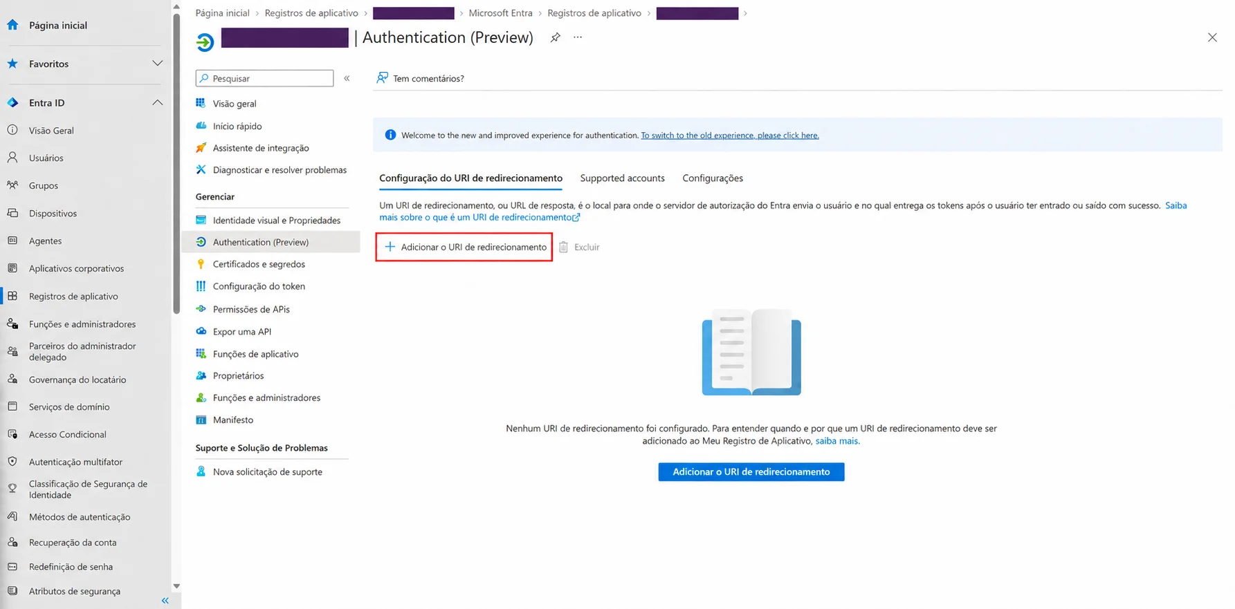 Autentica&ccedil;&atilde;o do aplicativo no Entra com Adicionar o URI de redirecionamento destacado.