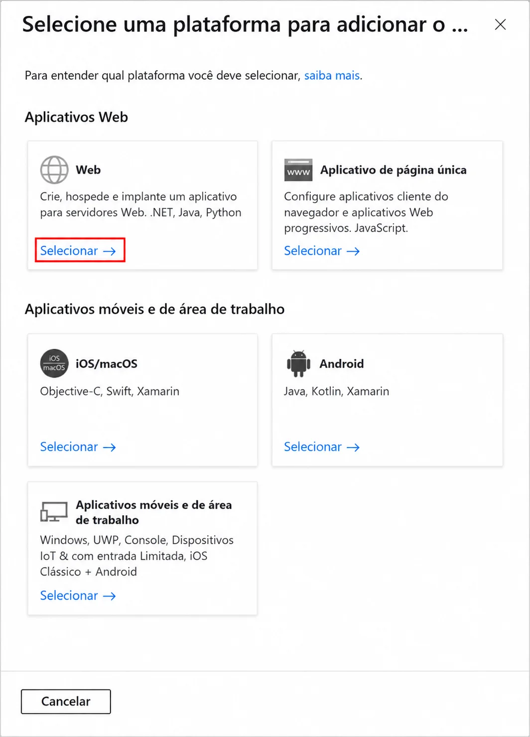 Sele&ccedil;&atilde;o da plataforma Web para configurar o retorno OAuth no Entra.