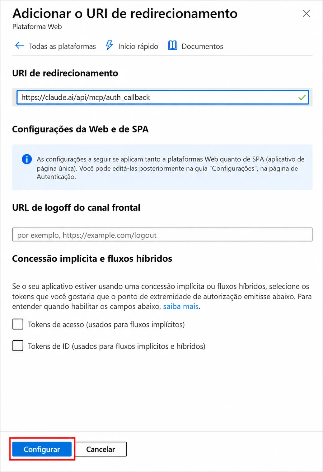URI p&uacute;blica de retorno do Claude preenchida na plataforma Web e bot&atilde;o Configurar destacado.