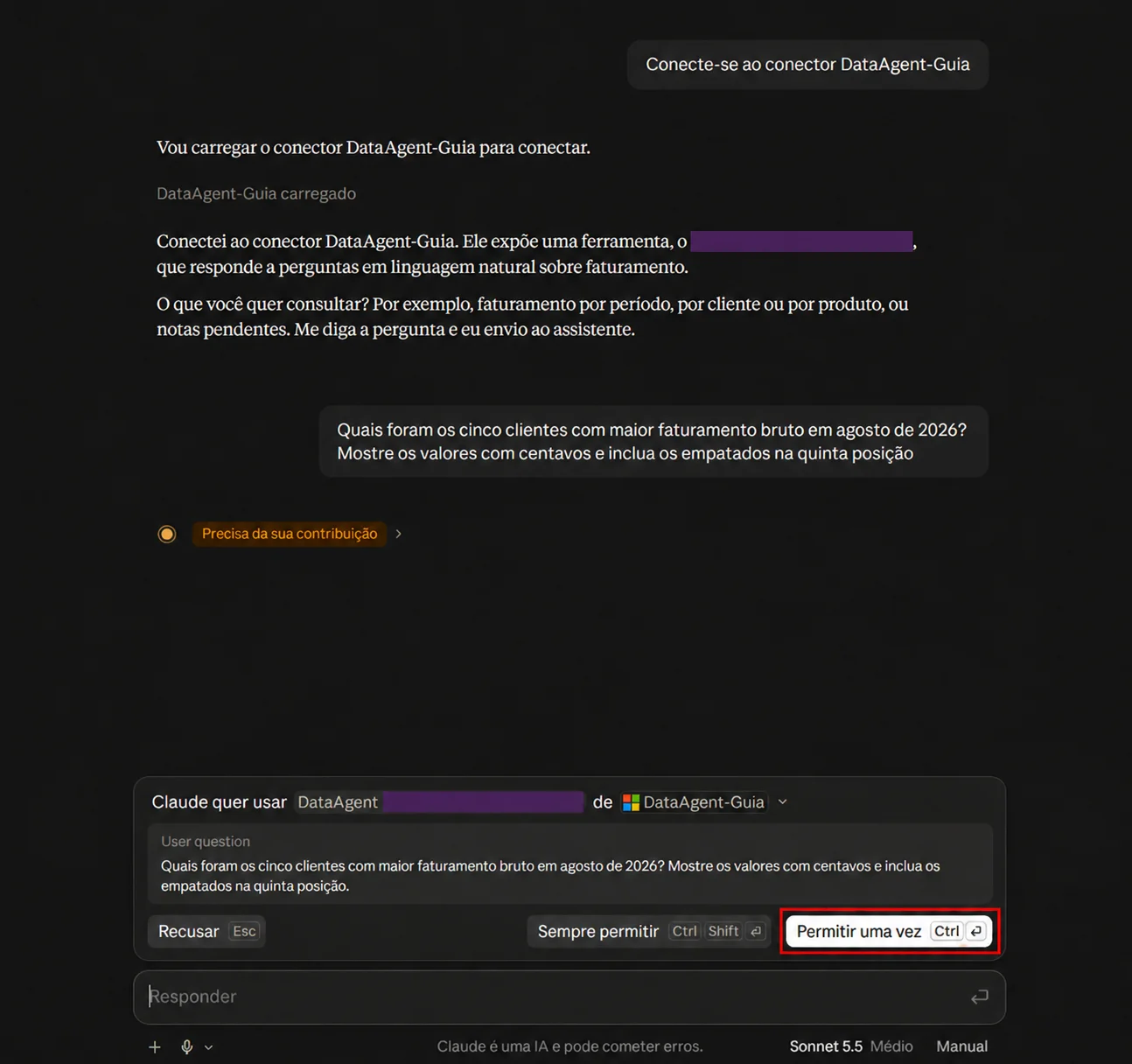 Aprova&ccedil;&atilde;o de consulta no Claude com somente o nome do Data Agent ocultado e Permitir uma vez destacado.