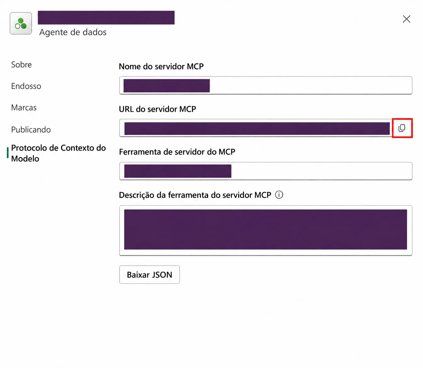 Configura&ccedil;&otilde;es MCP do Data Agent no Fabric, com nomes, URL e descri&ccedil;&atilde;o ocultados por tarjas roxas.