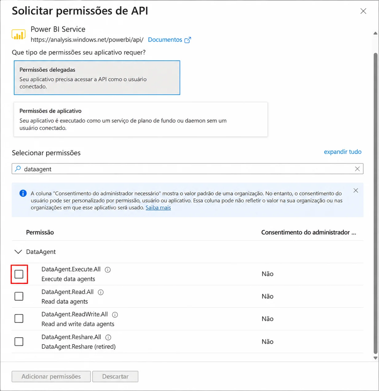 Permiss&otilde;es delegadas do Power BI Service, destacando DataAgent.Execute.All.